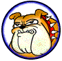 Animated cartoon bulldog head in circular frame with blue border, showing sequential facial expressions from clenched teeth to open mouth.