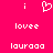 Pixelated white text and symbols on a solid pink background, with two identical side-by-side layouts featuring 'i', a heart symbol, 'lovee', and 'lauraaa' in stacked