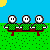 Pixel art animation of three identical figures on a bench with changing text above them against blue sky and green grass background.
