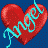 A 48x48 pixel animated contact sheet of nine frames showing a red heart-shaped icon with turquoise text "Angel" on a blue background, displaying sequential rotation and partial visibility changes across frames.