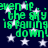 Green pixelated text repeats 'even if the sky is falling down!' over a dark blue background with white stars.