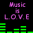 Pixelated text and green audio bars on black background, with 'Music is L.O.V.E' repeated in pink letters.