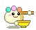 Pixelated character with pastel hair buns holds yellow bowl of noodles, using chopsticks in three sequential eating poses.