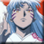 Pixelated static image of a character with blue hair, purple facial markings, and red accents in the corners against a white background.