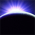 Pixelated image showing a curved horizon with a bright light source above a dark lower half, transitioning from deep blue to white and purple hues.