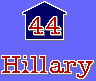 Two identical blue house-shaped icons with red '44' numerals above red text reading 'Hillary' and 'Rudy' on a blue background.