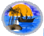 Circular icon with orange sun, blue water, palm trees on brown rock, and dark ship silhouette against purple sky.