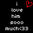 Black background with white pixelated text reading 'i love him sooo much<33' and a red pixelated heart symbol above the text.