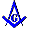 A 4x3 contact sheet of animated frames showing a blue and black Masonic square-and-compass symbol with the letter G, transitioning through various pixelated states including solid fills, outlines, and partial transparency effects.