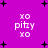 Purple background with black plus signs and repeated white text 'xo pitzy xo' in pixelated font.
