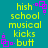Pixelated text and purple square symbols on a teal background, with yellow text reading 'hish school musical kicks butt' and purple square symbols in four corners.