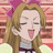 Pixelated anime-style character with blonde hair and pink bow sticking tongue out, wearing light green top against striped background.
