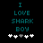 Pixelated teal text "I LOVE SHARK BOY" on black background with five white and gray plus signs below.