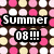 Pixelated icon with pink, white, and beige circles on brown background; black text boxes display 'Summer' above '08!!!'