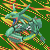 Pixelated green dragon with blue eyes and yellow-orange flame effects on a solid green background.
