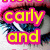Pixelated text 'carly and' in yellow with pink outlines on a blurred background of dark blue, white, and gray tones.