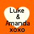 Four heart-shaped white icons with black text on an orange background, each displaying "Luke & Amanda xoxo" in pixelated font.