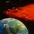 A pixelated image shows a red spacecraft with a glowing trail above a green and blue planet against a dark background.