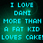 Pixelated cyan text on dark green background reads 'I LOVE DANI MORE THAN A FAT KID LOVES CAKE!' in four identical