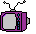 Pixelated cartoon characters and objects in a , including a purple TV with antennas, multiple yellow-skinned figures with varied hairstyles and accessories