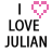 A pixelated graphic with 'I' above a pink heart symbol and 'LOVE JULIAN' below, displayed in two identical vertical on a white background