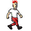 Pixelated cartoon character with red spiky hair, blue eyes, and a white t-shirt walking in four sequential poses against gray background.