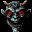 Pixelated devil icon with glowing red eyes, curved horns, and a wide grin showing teeth against black background.