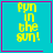 Four cyan square with magenta borders display yellow pixelated text 'Pun in the sun!' and one shows a purple heart, another a pink star