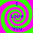 Four identical spiral patterns with alternating green and pink rings, each containing blue text reading "I Love You" in a pixelated font.