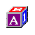Pixelated cube with three visible faces showing white letters A, B, and 1 on colored backgrounds against a gray backdrop.