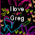 A colorful pixelated icon with abstract shapes and text reading "I love Greg" on a black background, alongside grayscale heart-shaped candies with dates.