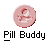 A pixelated circular icon with a pinkish-red gradient background featuring abstract white and red shapes, positioned above bold black-and-white text reading "Pill Buddy" on a gray backdrop.