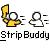 Pixelated icon shows a yellow and brown object resembling a toilet with a circular seat, next to a black-and-white outline of a person sitting on a toilet, with 'Strip Buddy' text below.