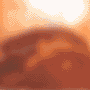 Animated sequence showing a person's face emerging from a swirling orange-brown cloud against a bright background.
