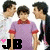 Three pixelated figures stand side-by-side; the central figure wears a purple shirt with red collar and sleeves, while left and right wear white and dark clothing respectively.
