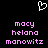Pixelated heart symbol above pink text reading macy helana manowitz in two identical on black background