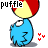 Pixelated character with red and yellow head, blue body, white collar, and three red hearts in a