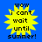 Yellow starburst shape with black text on blue background, displaying 'wow i cant wait until summer!' in pixelated font.