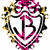 Pixelated icon with central stylized 'B' surrounded by pink and black floral patterns, framed by golden scrollwork on a white background.