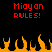 Red pixelated text "Miyan RULES!" appears twice on a black background above orange pixelated flames.