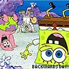 Pixelated cartoon scene with Spongebob Squarepants and Patrick Star in a beach setting, featuring a purple castle and text reading 'BACKWARDS DAY!' at the bottom.