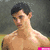 Four distinct views of a shirtless male figure with dark hair, displayed in a with varying backgrounds and poses