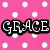 Pink background with white polka dots and black-outlined text reading "GRACE" in stylized letters.