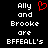 Pixelated text reads 'Ally and Brooke are BFFEALL's' with a red heart symbol replacing the word 'love' in the left , both on black background