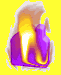 Animated sequence of a purple shape with orange-yellow flame-like motion against yellow background, showing sequential changes in the flame's position and form.