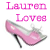 Pixelated pink text reads 'Lauren Love' above a high-heeled shoe with gradient pink and gray tones on white background.