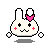 Pixel art bunny with pink bow, red cheeks, and white paws on gray background showing four sequential poses.