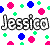 Pixelated graphic with stylized text 'J33j' surrounded by scattered pink, blue, and green shapes on a white background.
