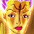 Pixelated close-up of a stylized face with golden-yellow hair, purple accents, and a red mouth, set against a bright background.