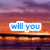 A pixelated image with a sunset background showing three text phrases: 'will you', 'walk with me', and 'on the bridge?' in blue, green, and red respectively.